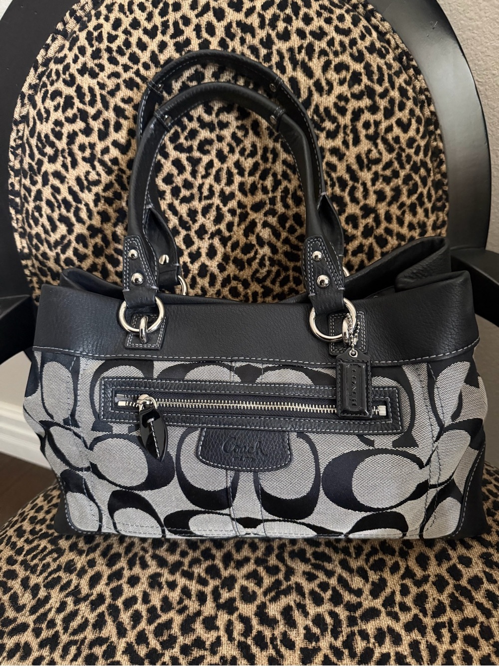 Coach Penelope Black and Gray Signature Satchel Shoulder Bag